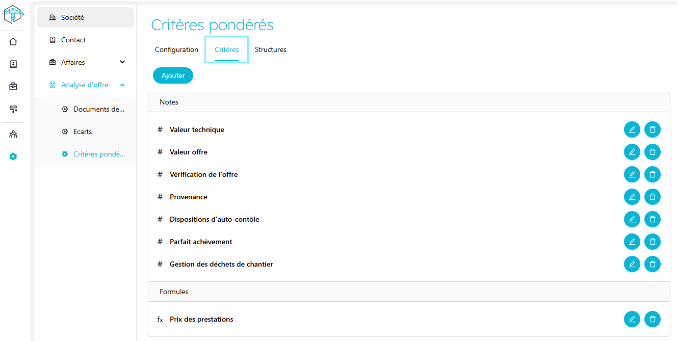 Configuration des Critères