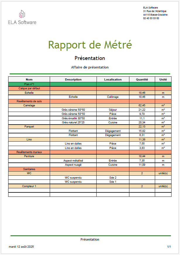 Aperçu d'un rapport de métré